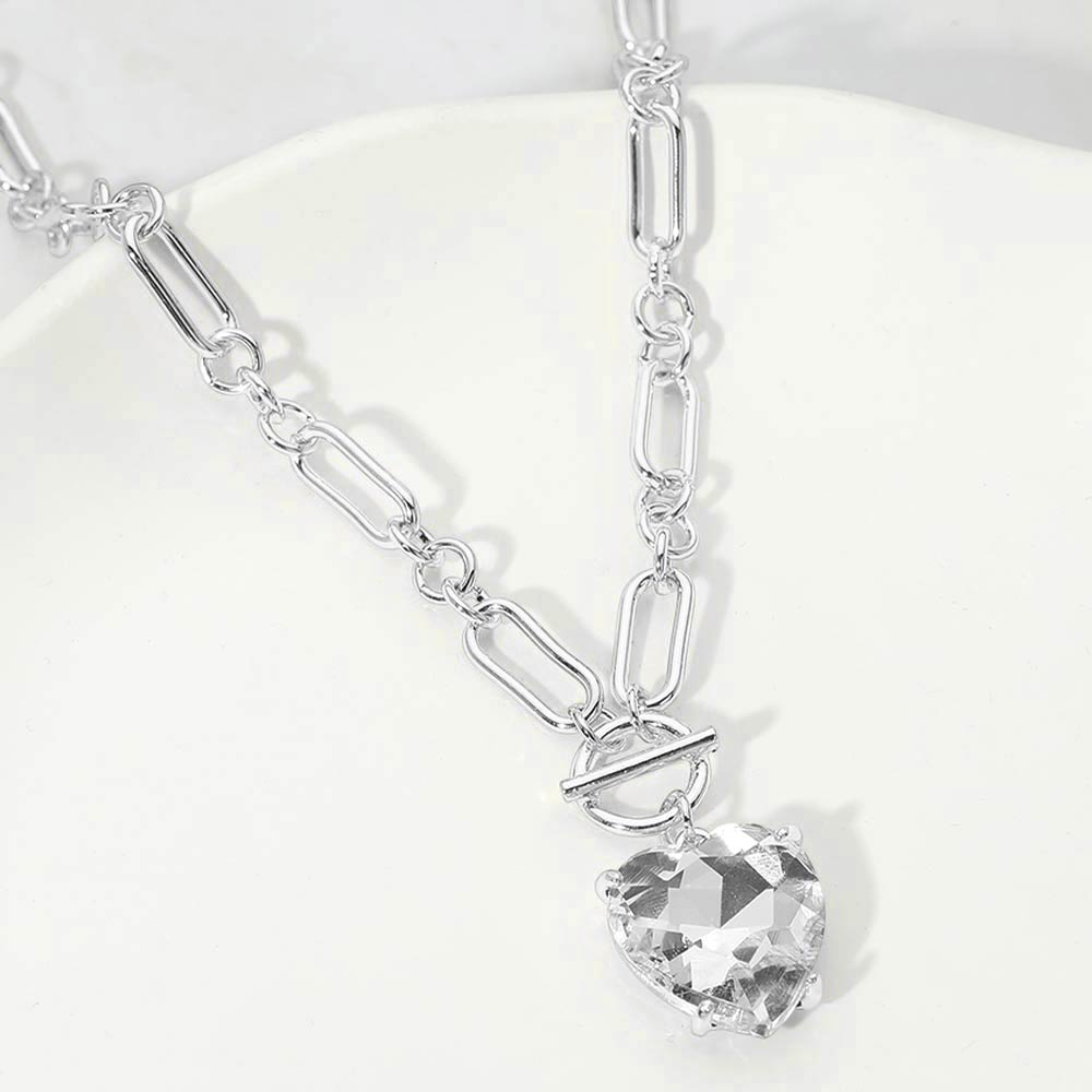 Women's Chunky Heart Stone Cluster Toggle Pendant Statement Necklace