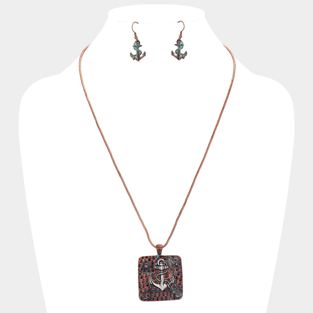 Antique Square Metal Anchor Pendant Necklace