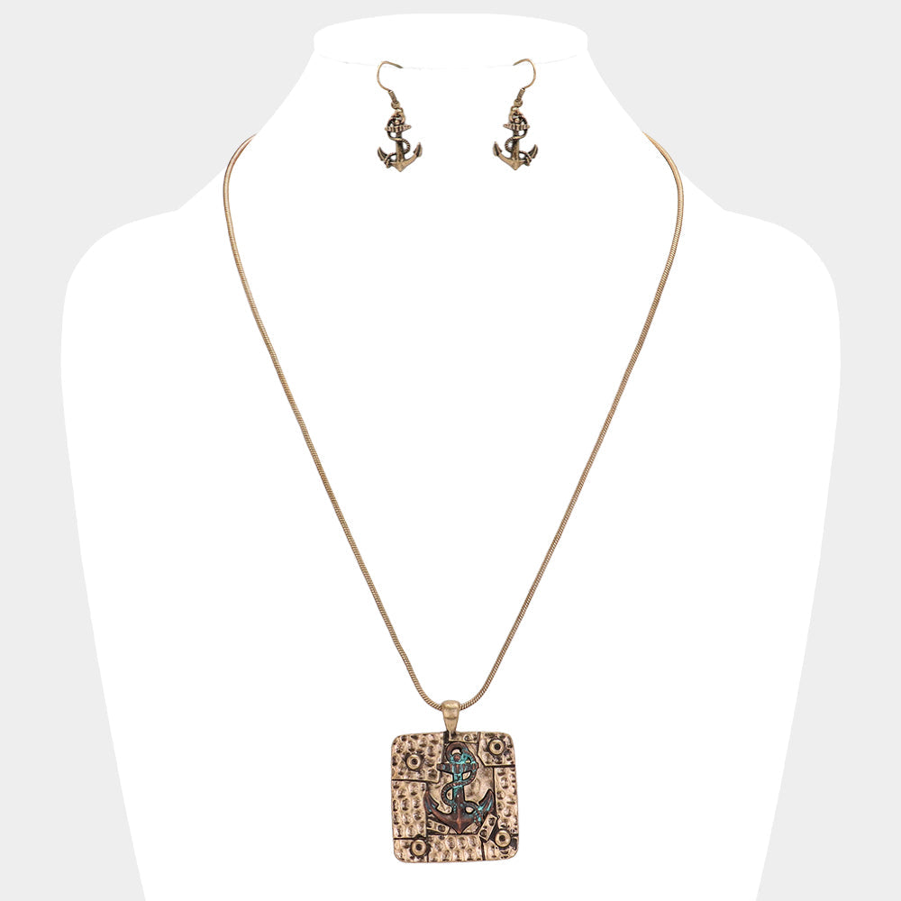 Antique Square Metal Anchor Pendant Necklace