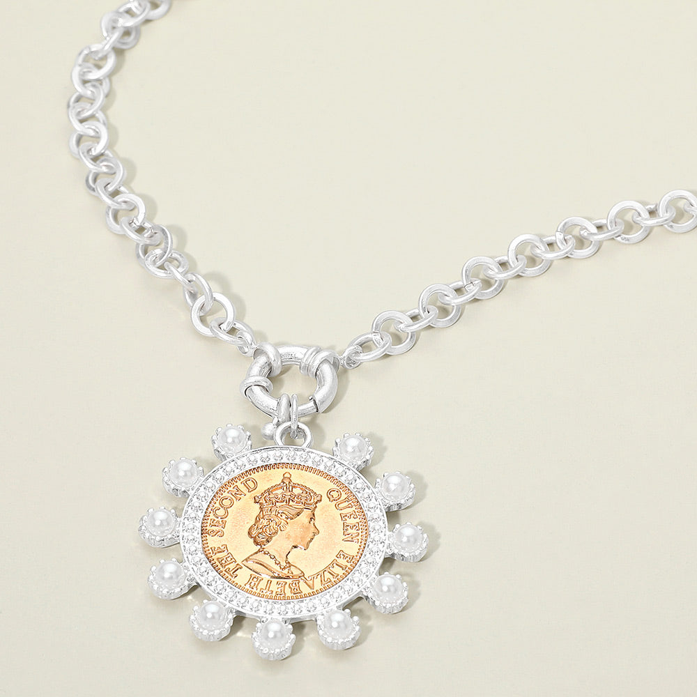 Bold Pearl Decorative Coin Pendant Necklace