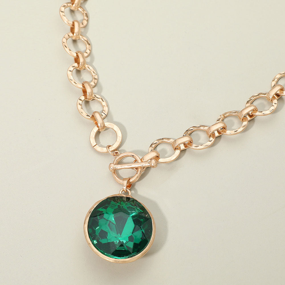 Bold Oval Gemstone Pendant Brushed Metal Chunky Chain Toggle Necklace