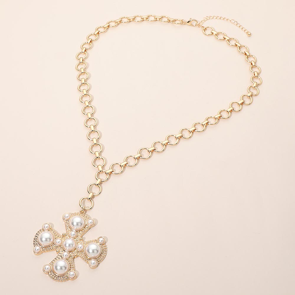 Bold Pearl Cross Pendant Necklace