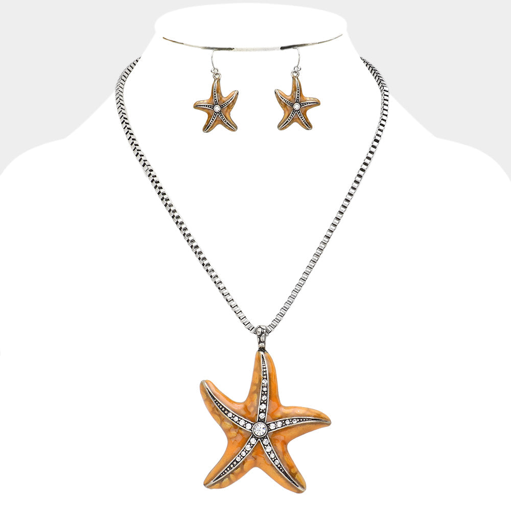 Crystal Enamel Starfish Pendant Necklace
