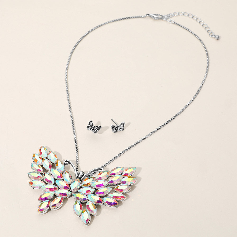 Iridescent Marquise Stone Cluster Butterfly Pendant Necklace