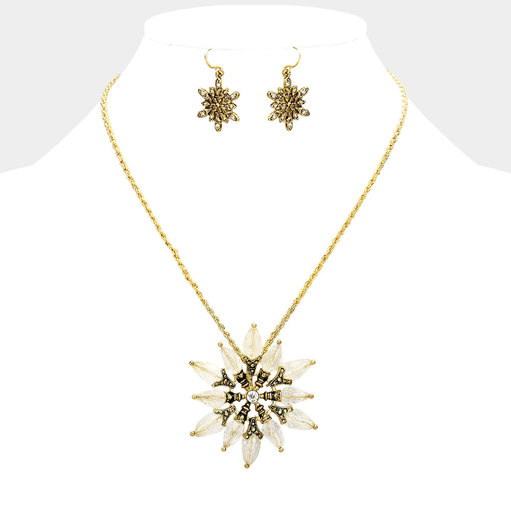Bead Antique Metal Flower Flake Pendant Necklace