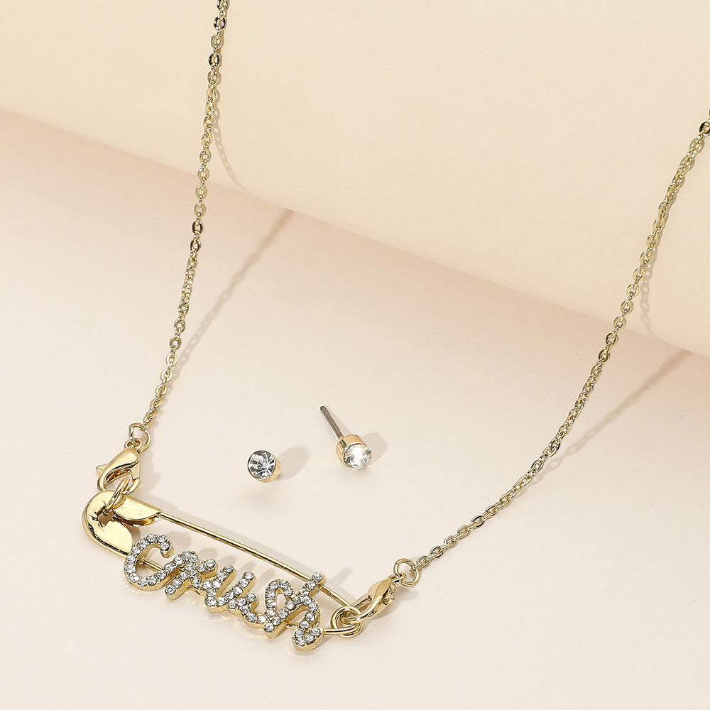 Rhinestone Paved CRUSH Message Pointed Safety Pin Pendant Necklace