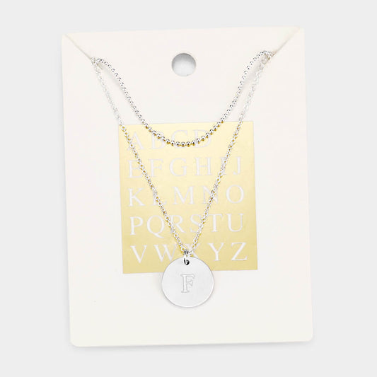 -F- Initial Monogram Round Metal Pendant Necklace