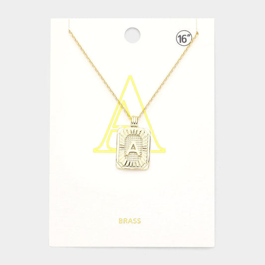 -A- Brass Metal Rectangle Initial Monogram Pendant Necklace