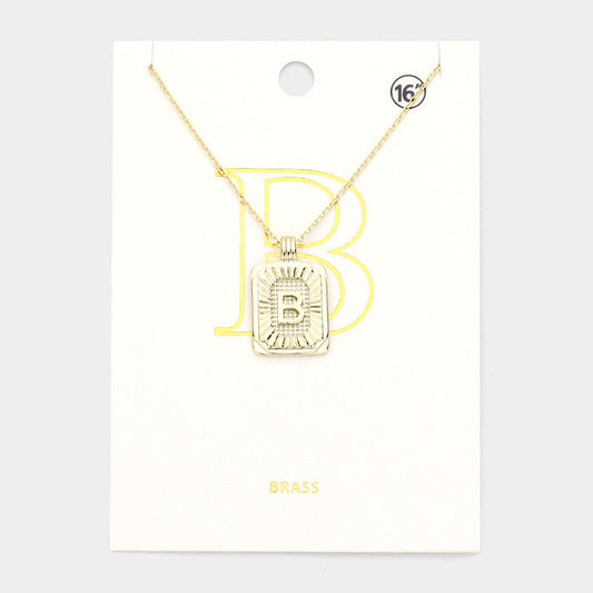 -B- Brass Metal Rectangle Initial Monogram Pendant Necklace