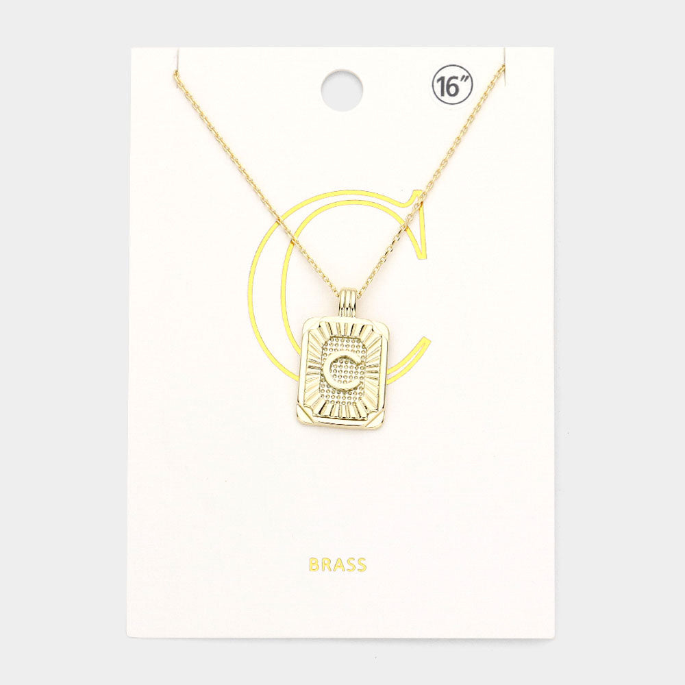 -C- Brass Metal Rectangle Initial Monogram Pendant Necklace