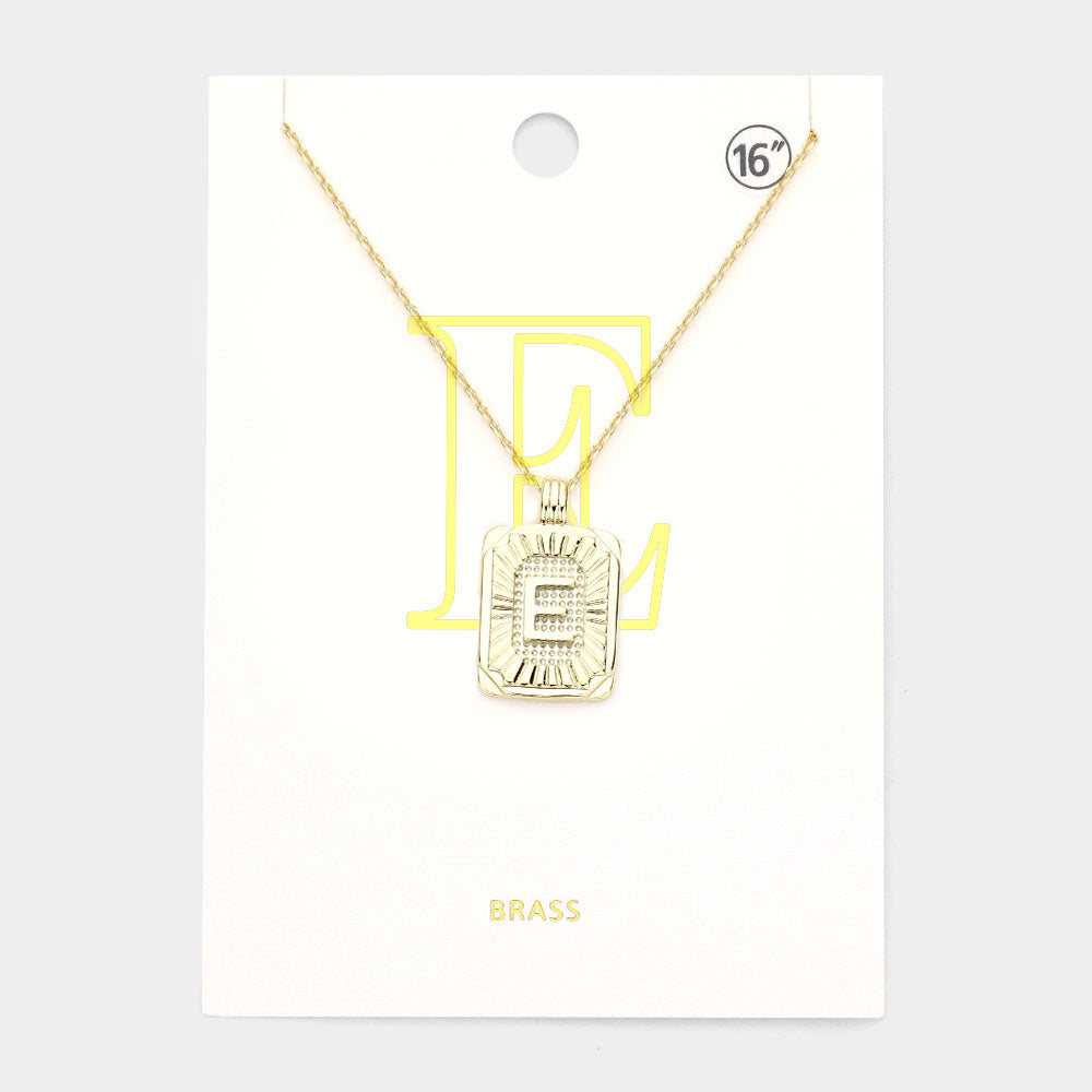 -E- Brass Metal Rectangle Initial Monogram Pendant Necklace