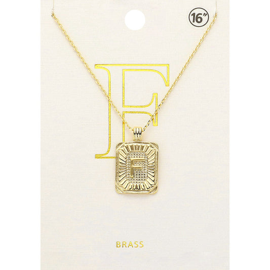 -F- Brass Metal Rectangle Initial Monogram Pendant Necklace