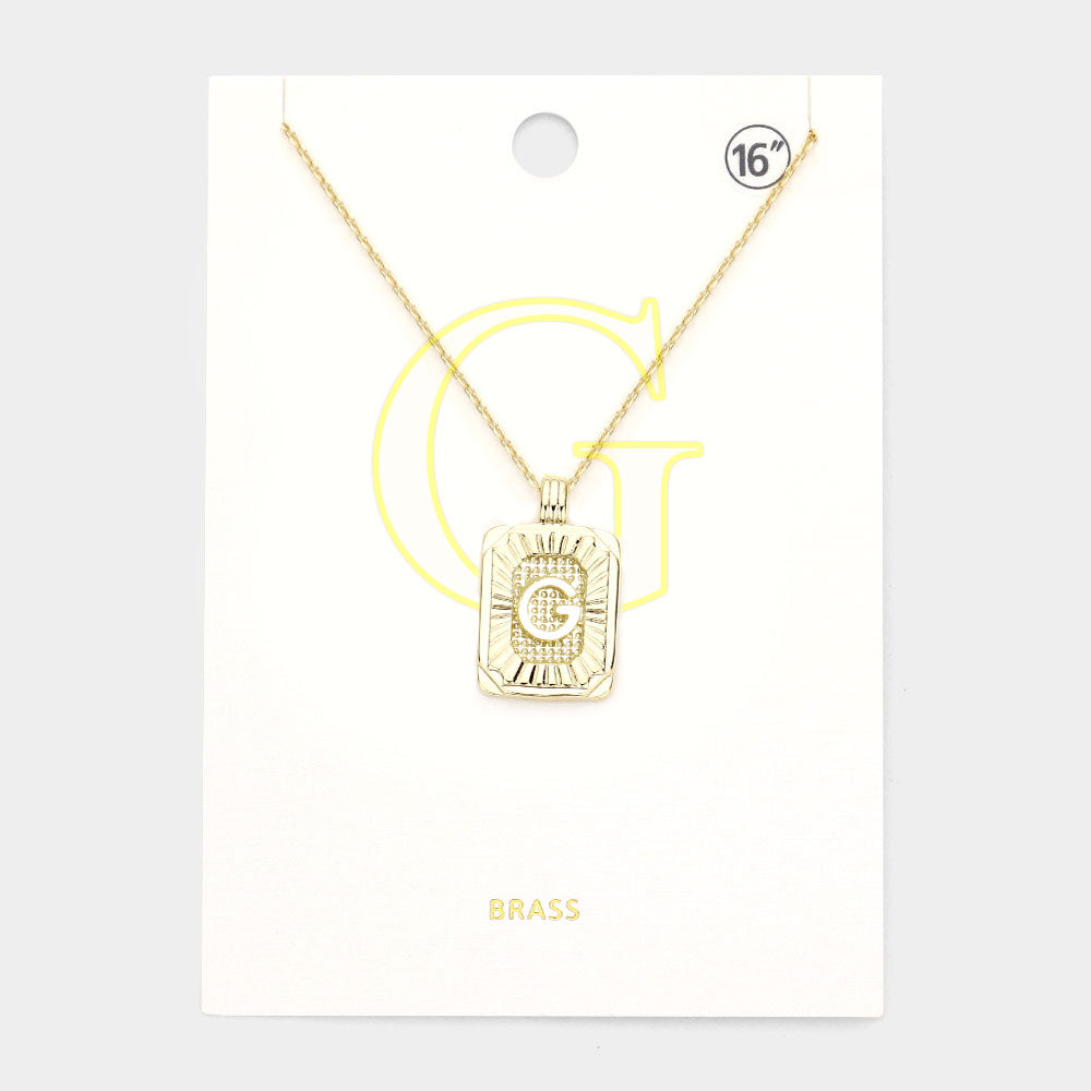-G- Brass Metal Rectangle Initial Monogram Pendant Necklace
