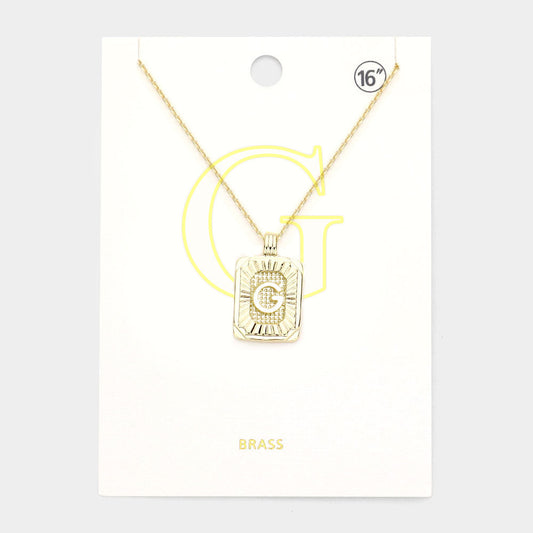 -G- Brass Metal Rectangle Initial Monogram Pendant Necklace
