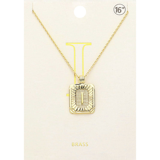 -I- Brass Metal Rectangle Initial Monogram Pendant Necklace