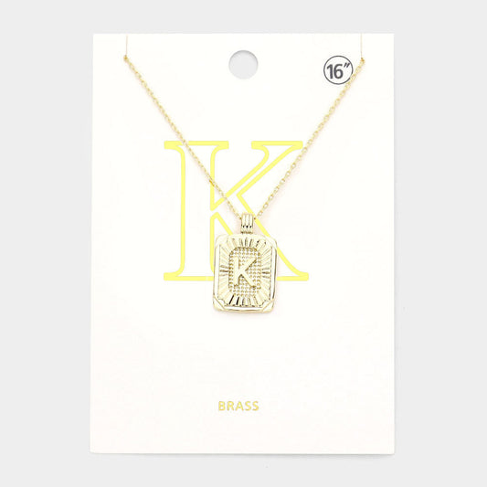 -K- Brass Metal Rectangle Initial Monogram Pendant Necklace
