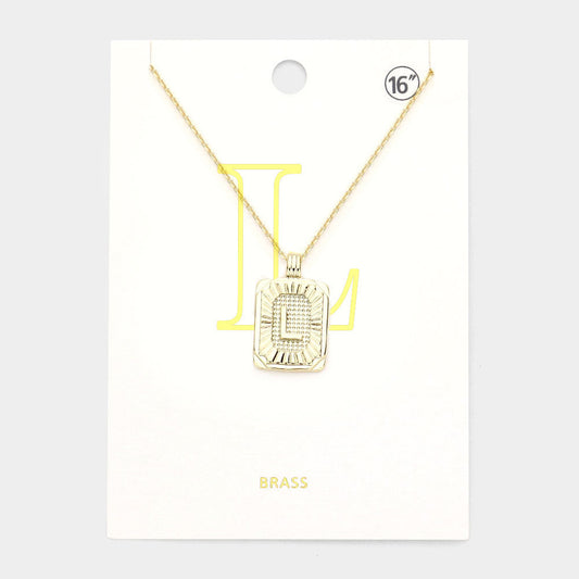 -L- Brass Metal Rectangle Initial Monogram Pendant Necklace