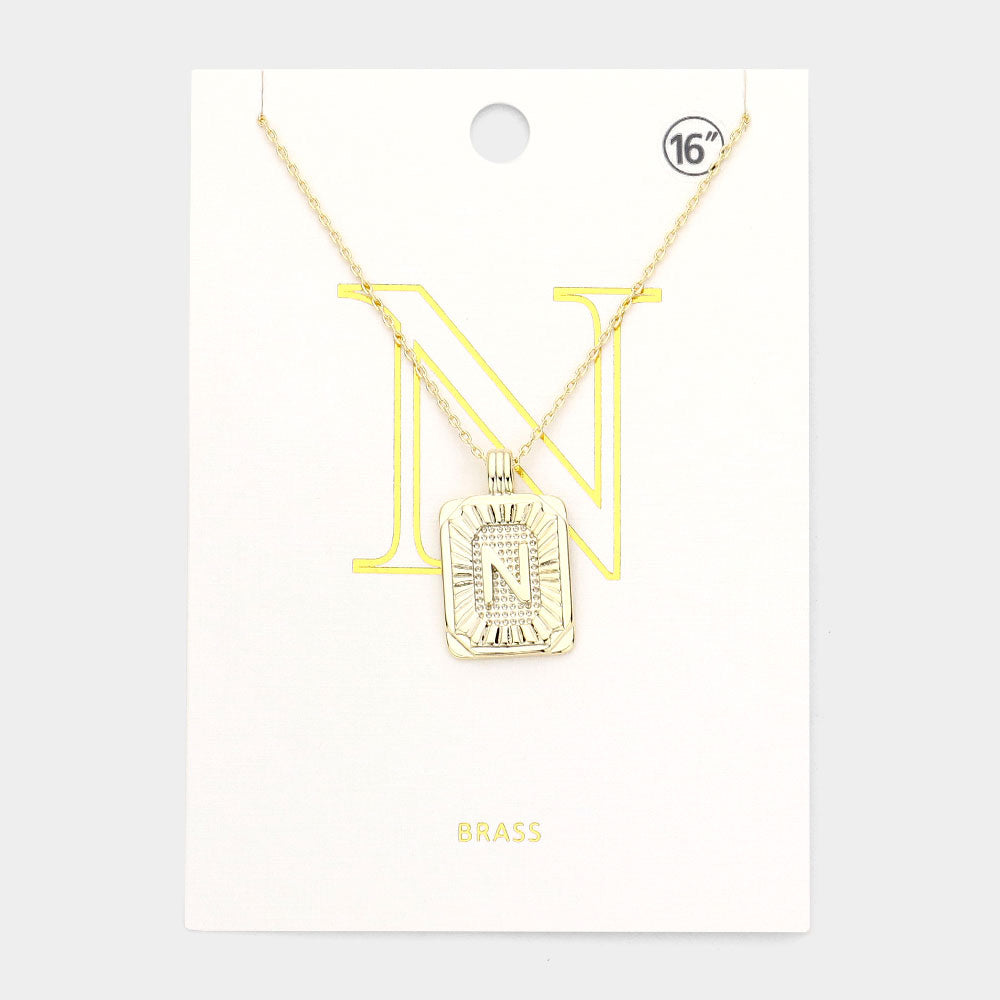 -N- Brass Metal Rectangle Initial Monogram Pendant Necklace