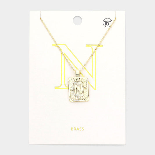 -N- Brass Metal Rectangle Initial Monogram Pendant Necklace