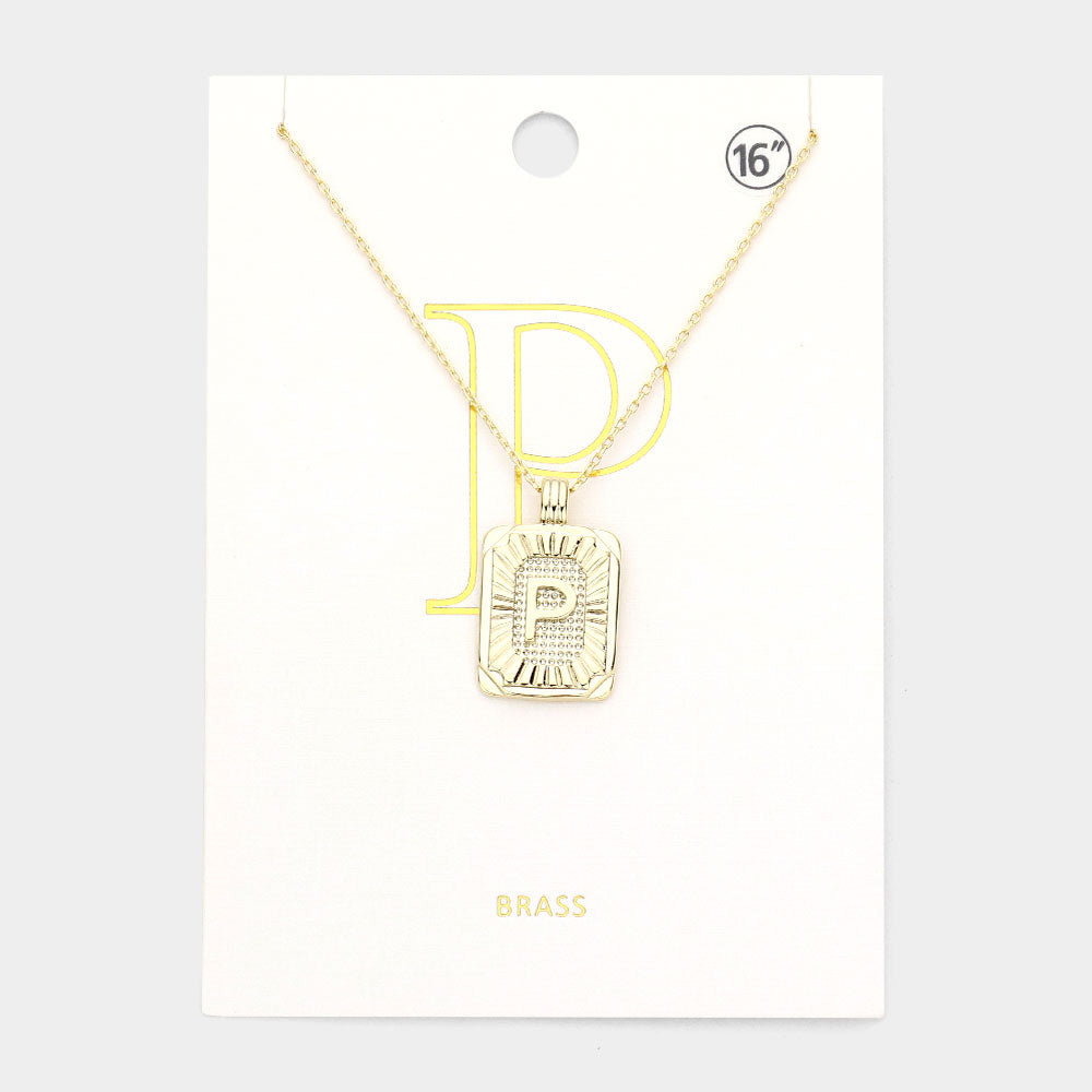 -P- Brass Metal Rectangle Initial Monogram Pendant Necklace