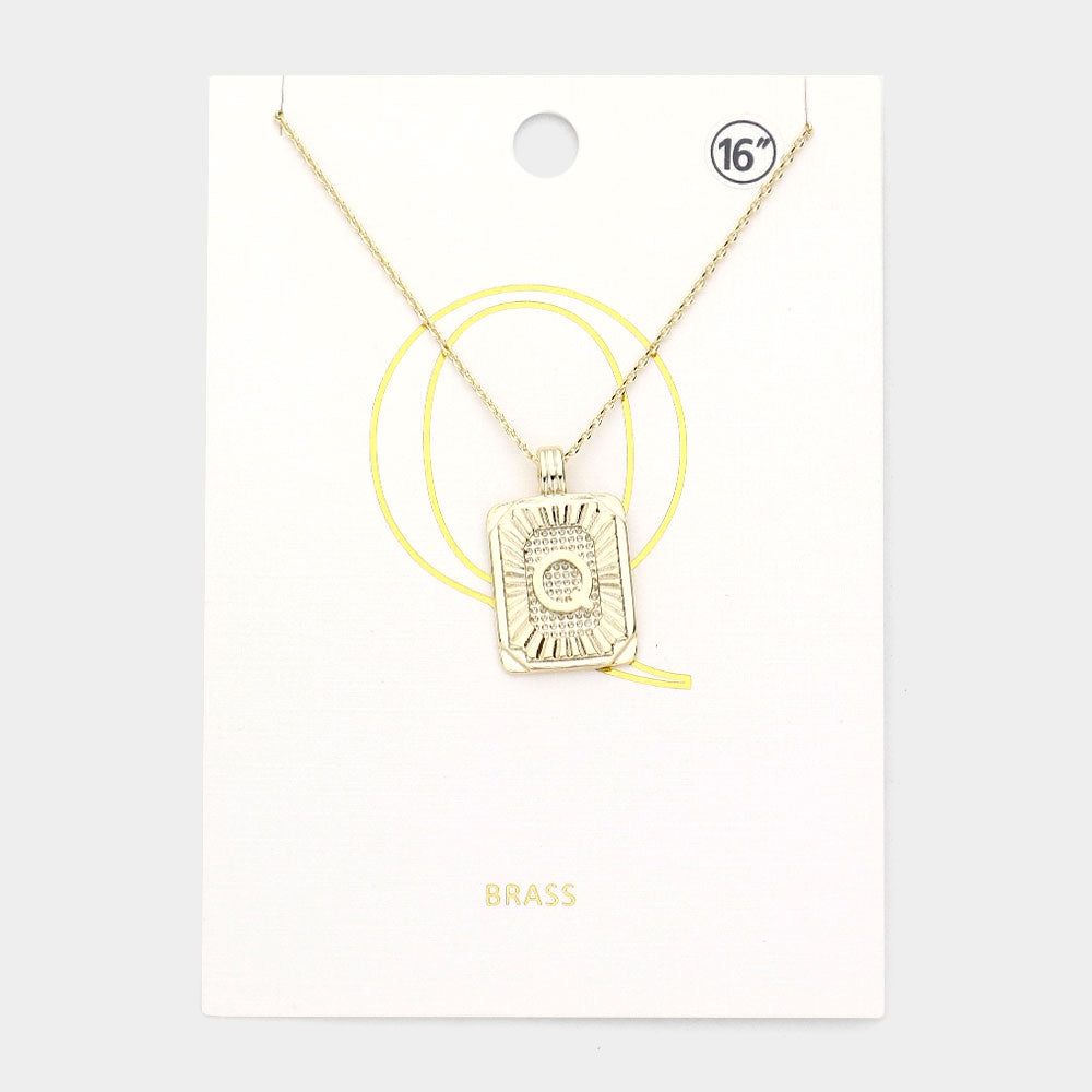 -Q- Brass Metal Rectangle Initial Monogram Pendant Necklace