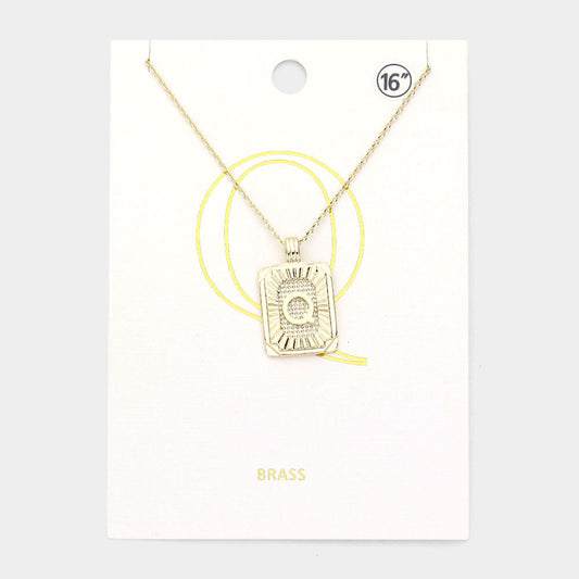 -Q- Brass Metal Rectangle Initial Monogram Pendant Necklace