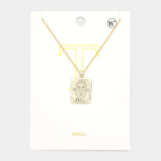 -T- Brass Metal Rectangle Initial Monogram Pendant Necklace