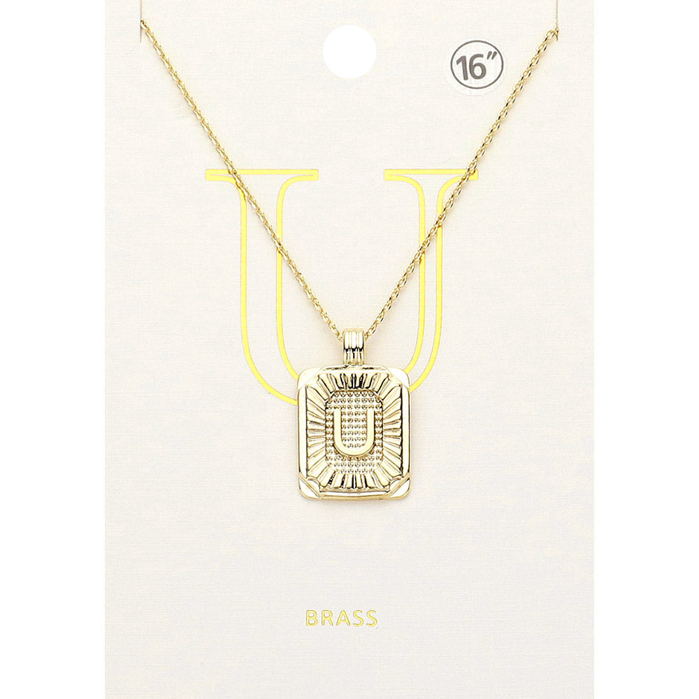 -U- Brass Metal Rectangle Initial Monogram Pendant Necklace