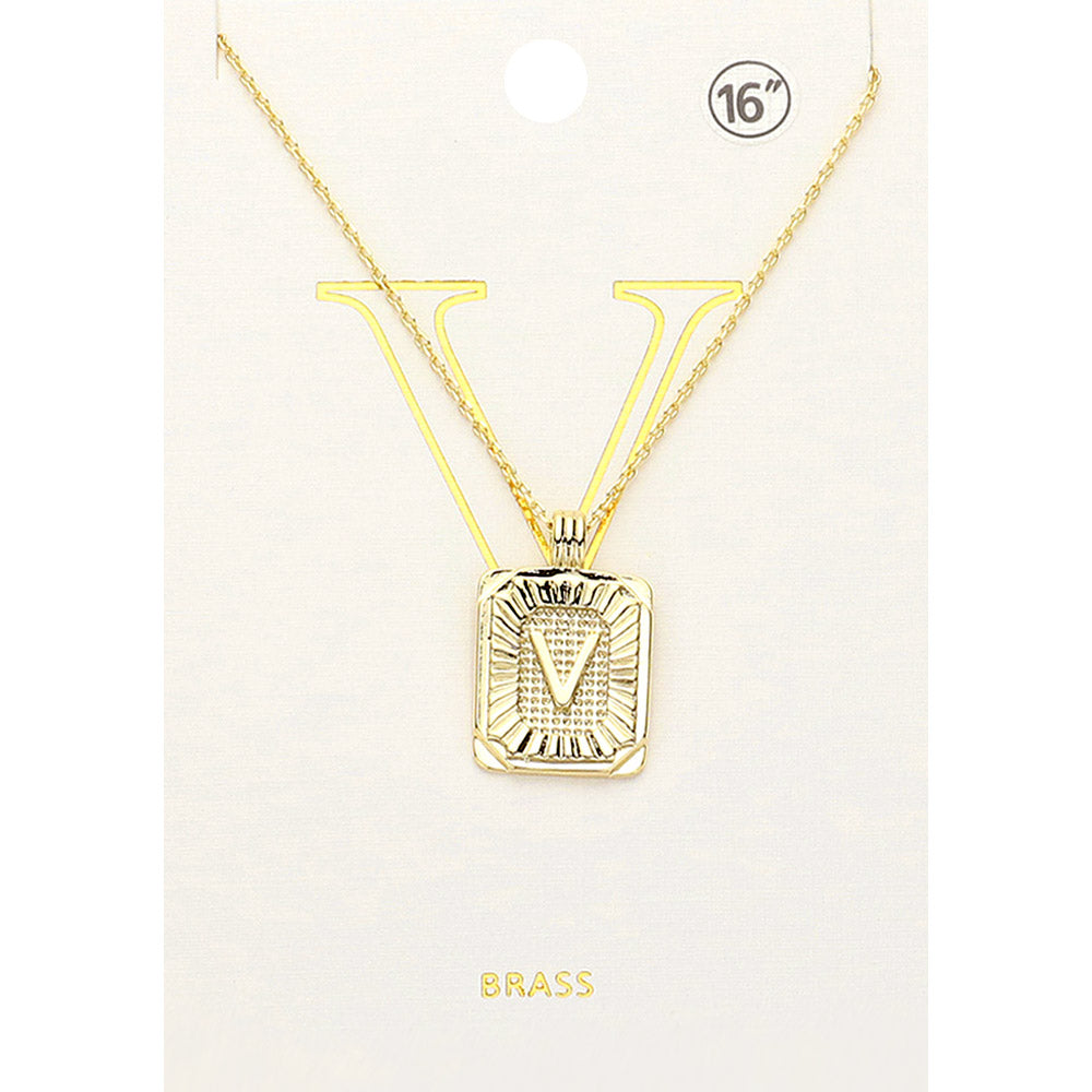 -V- Brass Metal Rectangle Initial Monogram Pendant Necklace