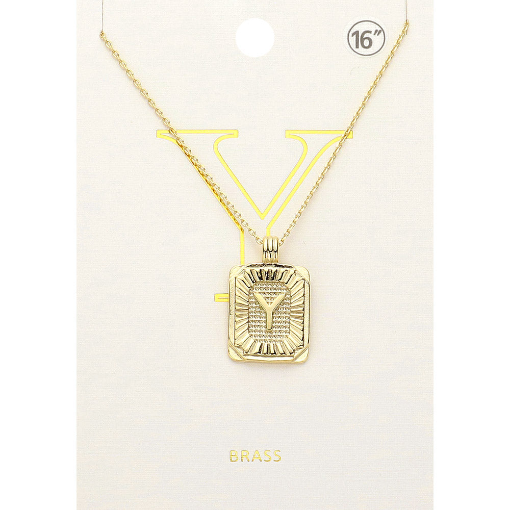 -Y- Brass Metal Rectangle Initial Monogram Pendant Necklace