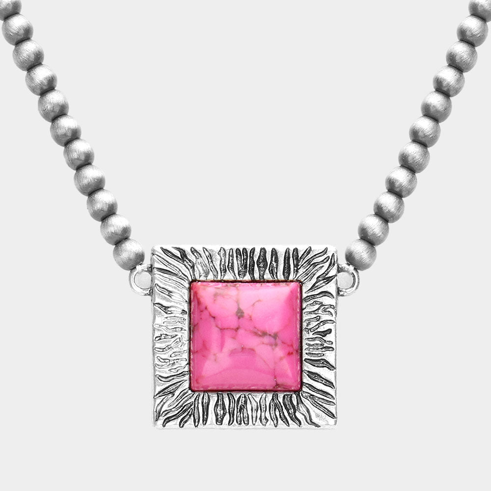 Square Natural Stone Accented Pendant Necklace