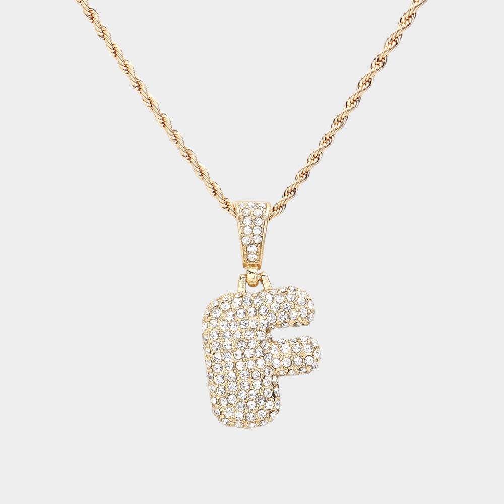 -F- Rhinestone Initial Monogram Pendant Brass Chain Necklace