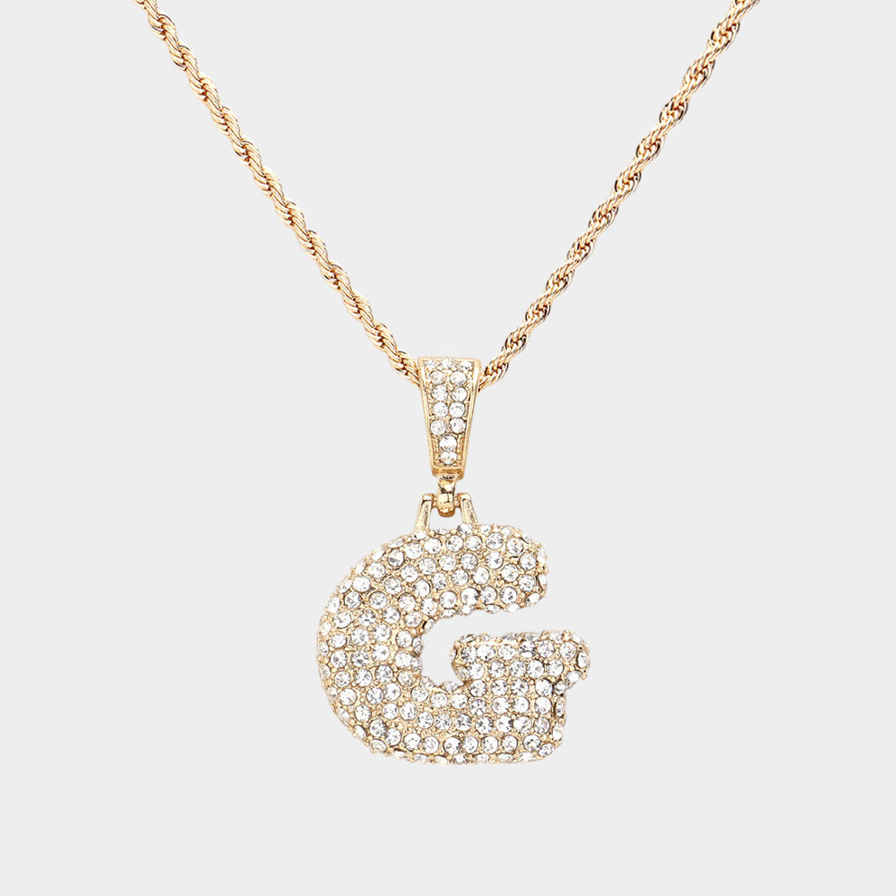 -G- Rhinestone Initial Monogram Pendant Brass Chain Necklace