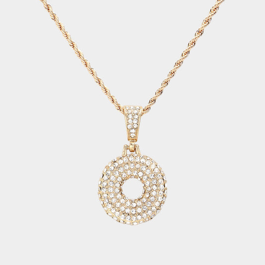 -O- Rhinestone Initial Monogram Pendant Brass Chain Necklace