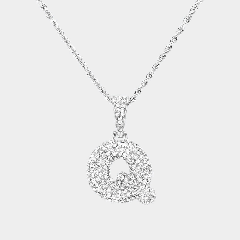 -Q- Rhinestone Initial Monogram Pendant Brass Chain Necklace