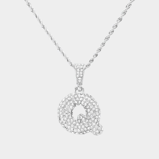 -Q- Rhinestone Initial Monogram Pendant Brass Chain Necklace