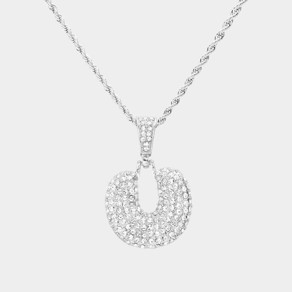 -U- Rhinestone Initial Monogram Pendant Brass Chain Necklace