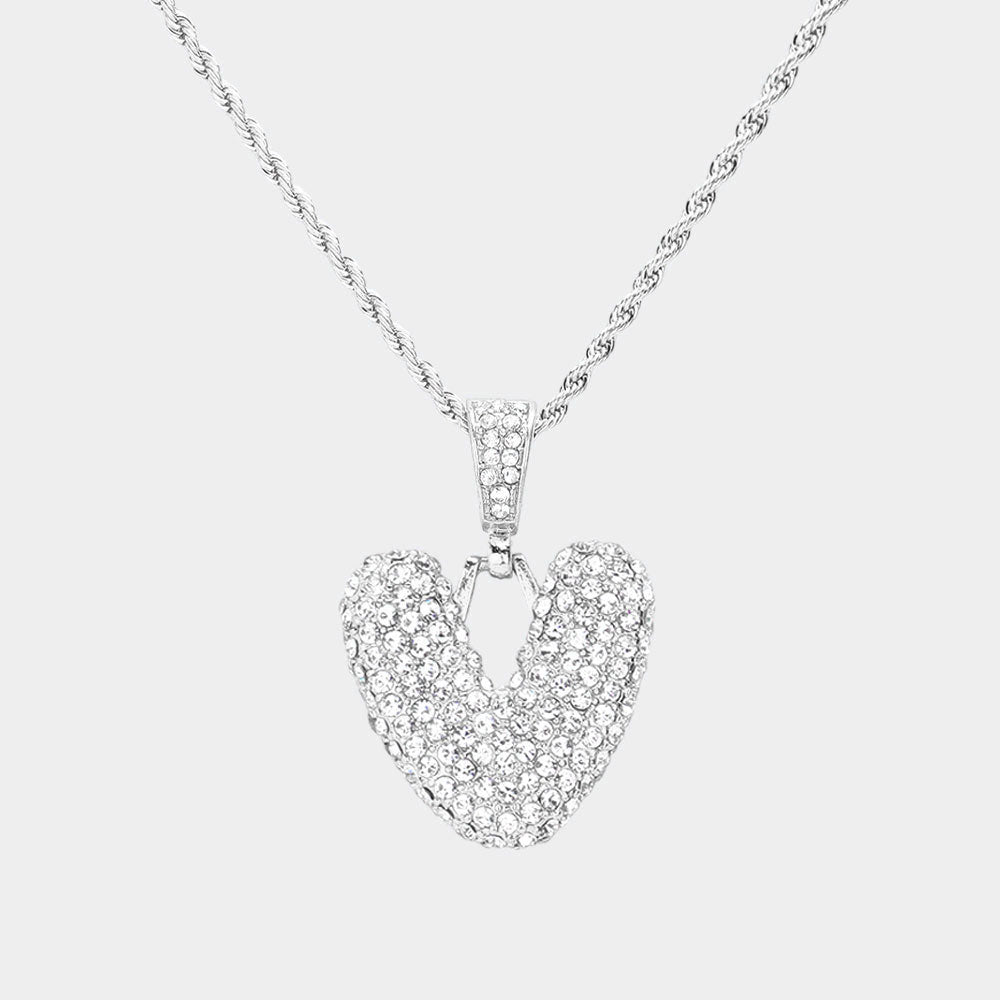 -V- Rhinestone Initial Monogram Pendant Brass Chain Necklace