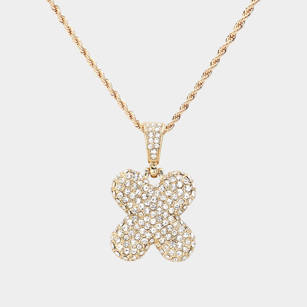 -X- Rhinestone Initial Monogram Pendant Brass Chain Necklace