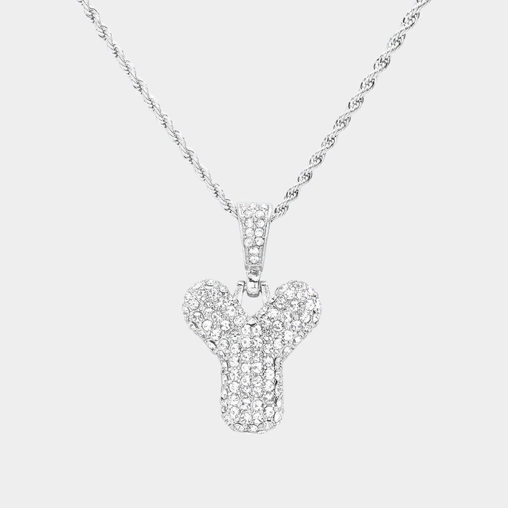 -Y- Rhinestone Initial Monogram Pendant Brass Chain Necklace