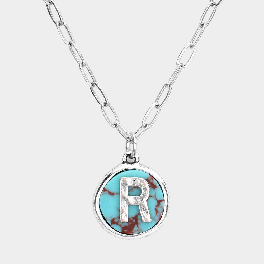 -R- Initial Monogram Turquoise Pendant Necklace