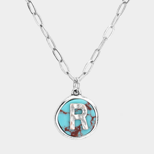-R- Initial Monogram Turquoise Pendant Necklace