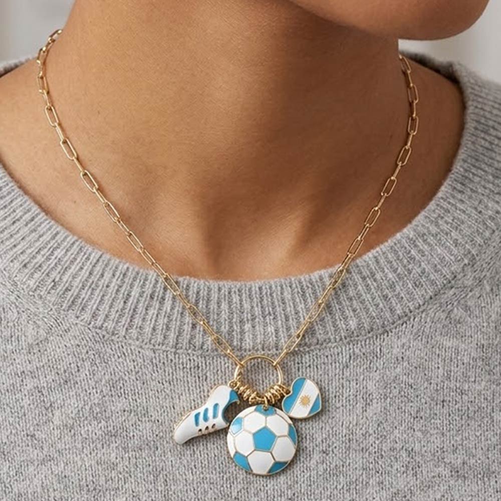 Argentina Soccer Ball Shoe Heart Charm Toggle Pendant Paperclip Chain Necklace
