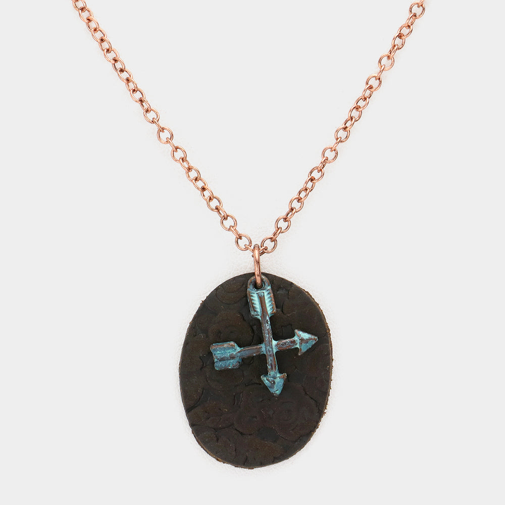 Oval Faux Leather Metal Arrow Pendant Necklace