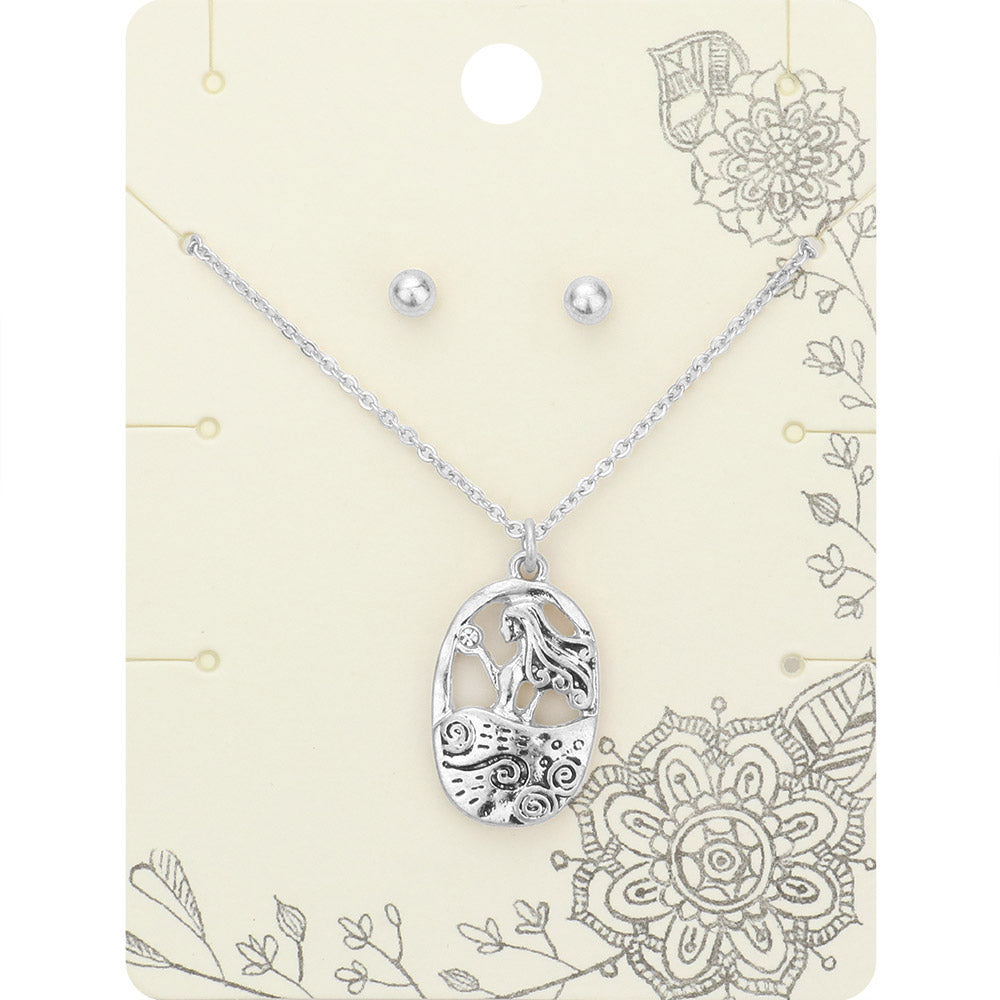 Stone Embellished Metal Woman Pendant Necklace