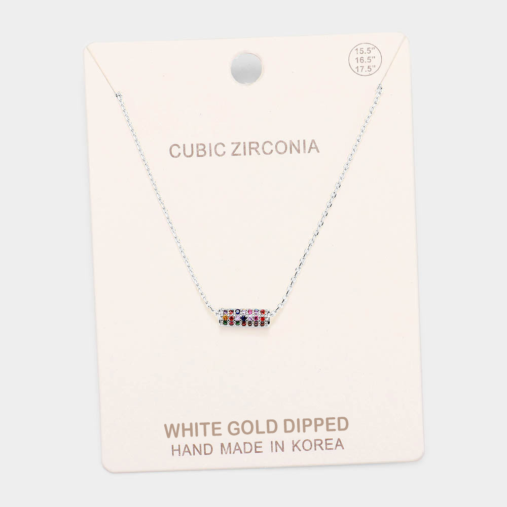 White Gold Dipped Cubic Zirconia Bar Pendant Necklace