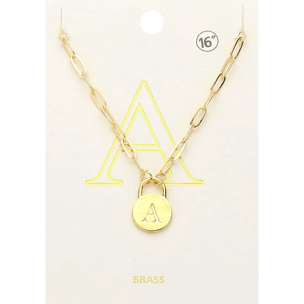 -A- Brass Metal Initial Monogram Lock Pendant Necklace