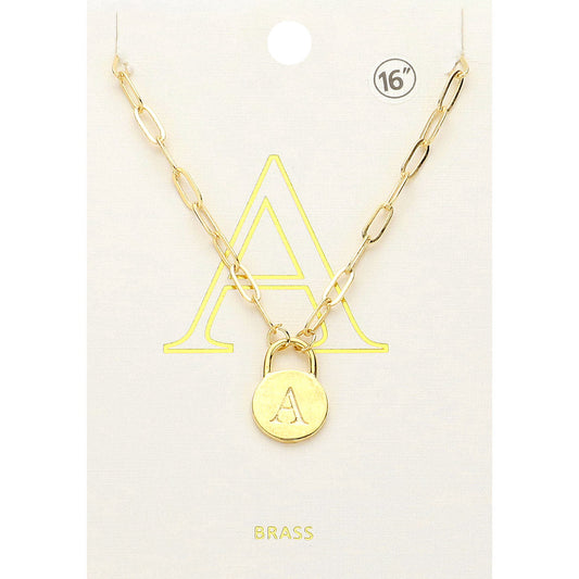 -A- Brass Metal Initial Monogram Lock Pendant Necklace