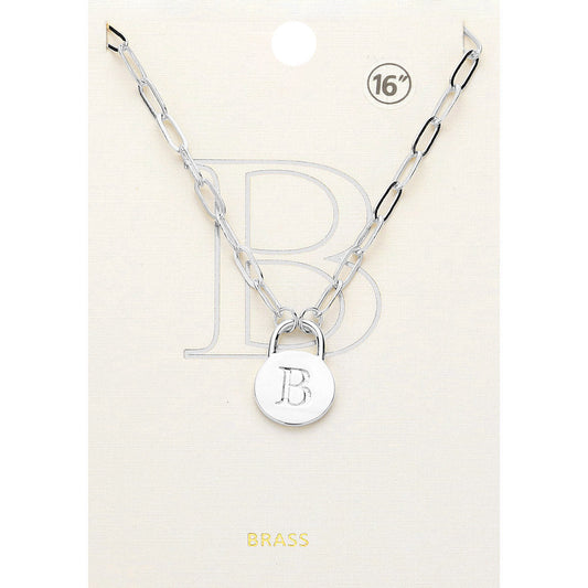 -B- Brass Metal Initial Monogram Lock Pendant Necklace