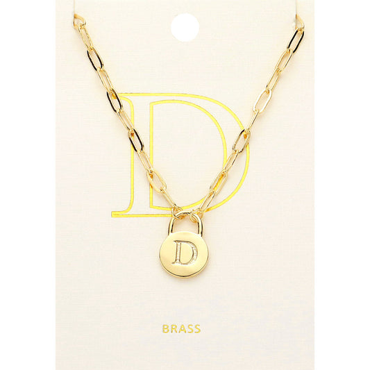 -D- Brass Metal Initial Monogram Lock Pendant Necklace
